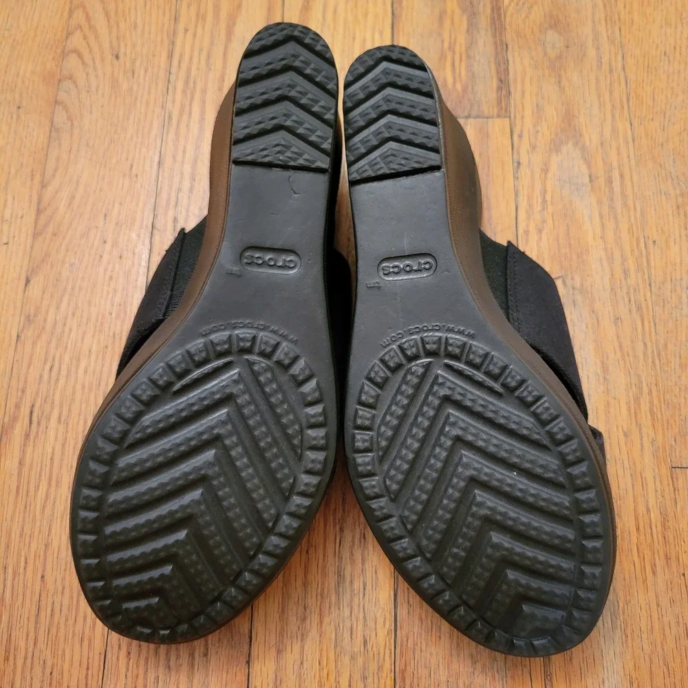 Crocs 8 High Wedge Slide Black Criss Cross Dual Comfort Leigh II XStrap Open Toe